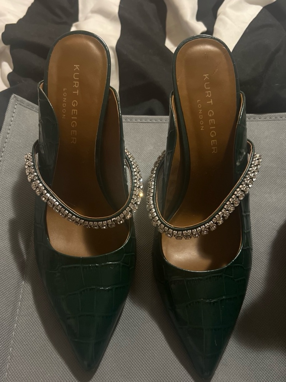 Kurt Geiger Dark Green Croc-Embossed Pointed Toe Mules with Crystal Strap